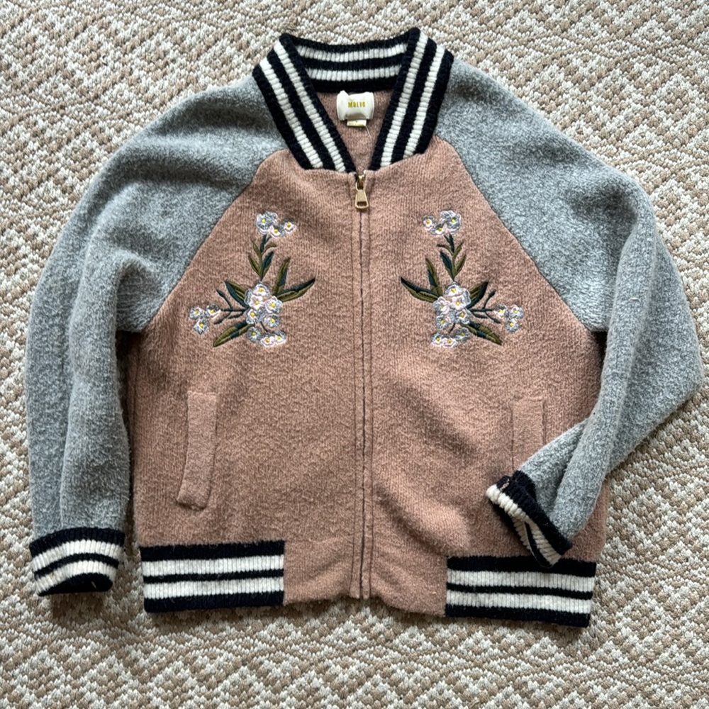 Anthropologie Gray and Brown Embroidered Sweater